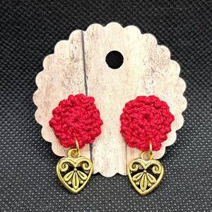 Red Crotchet Stud Earrings with Heart Dangle Charm- Handmade